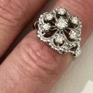 Silver tone vintage style cz cluster ring size 6 # 147